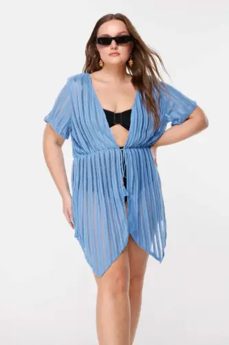 Büyük Beden Çizgi Detaylı Transparan Kimono - 1