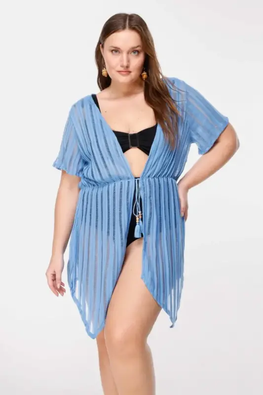 Büyük Beden Çizgi Detaylı Transparan Kimono - 2