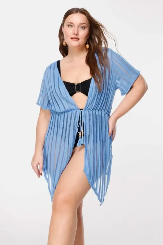 Büyük Beden Çizgi Detaylı Transparan Kimono - 3