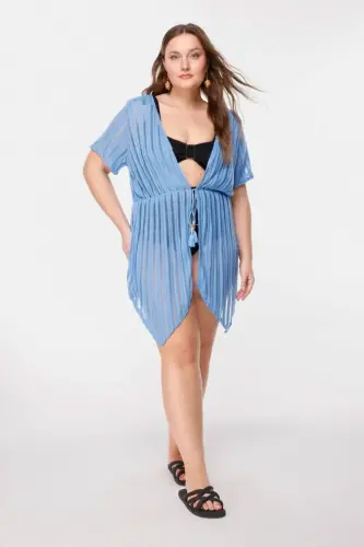 Büyük Beden Çizgi Detaylı Transparan Kimono - 4