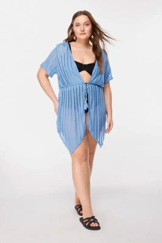 Büyük Beden Çizgi Detaylı Transparan Kimono - 4
