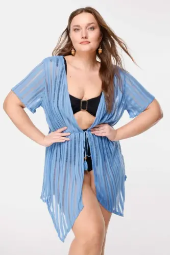Büyük Beden Çizgi Detaylı Transparan Kimono - 5