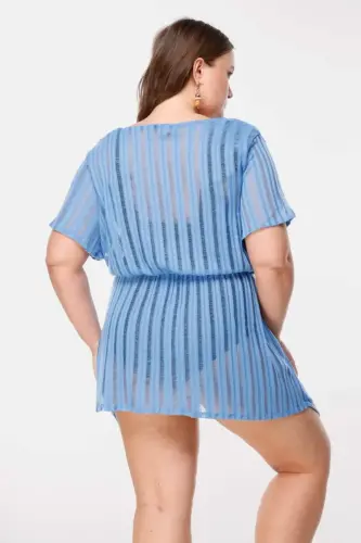 Büyük Beden Çizgi Detaylı Transparan Kimono - 6
