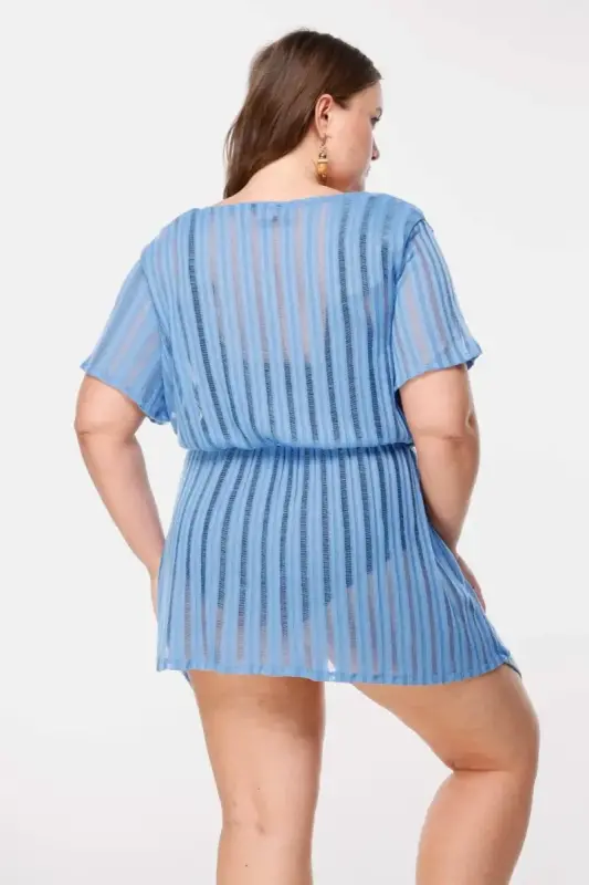 Büyük Beden Çizgi Detaylı Transparan Kimono - 6