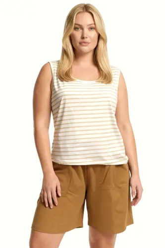 Büyük Beden Çizgili Şortlu Atletli Kadın Cepli Pijama Takımı – Bej - 1