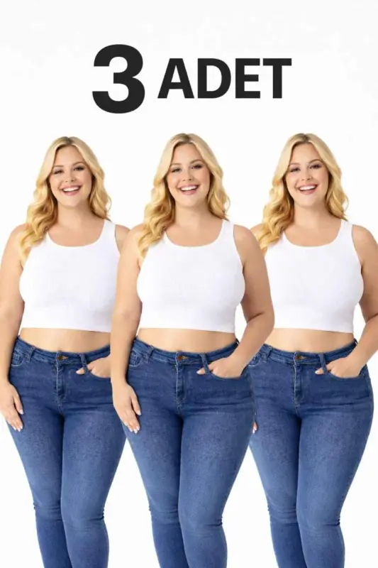 Büyük Beden Çok Esnek Beyaz Kadın Fitilli Crop Kaşkorse Atlet Kalın Askılı Basic 40-50 3 ' lü Paket - BÜYÜKBEDENIZ