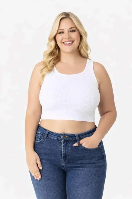 Büyük Beden Çok Esnek Beyaz Kadın Fitilli Crop Kaşkorse Atlet Kalın Askılı Basic 40-50 - BÜYÜKBEDENIZ