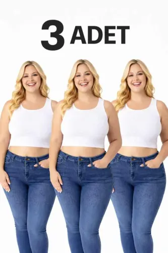 Büyük Beden Çok Esnek Beyaz Kadın Fitilli Görünümlü Kaşkorse Atlet Kalın Askılı Basic 40-50 3 ' lü Paket - 1