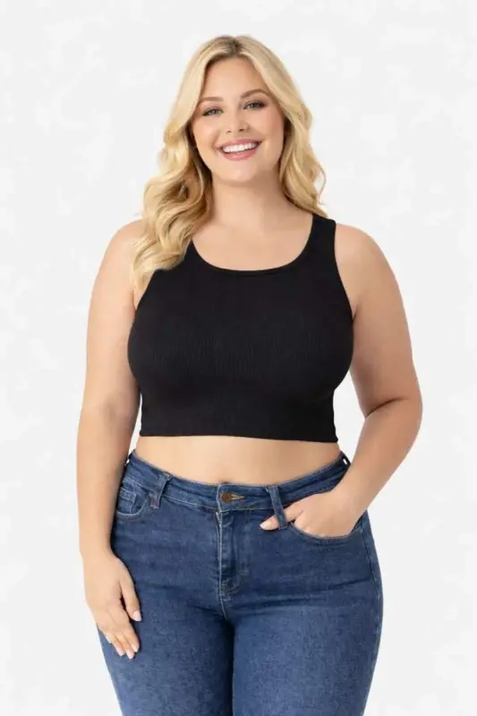 Büyük Beden Çok Esnek Siyah Kadın Fitilli Görünümlü Kaşkorse Atlet Kalın Askılı Basic 40-50 - BÜYÜKBEDENIZ