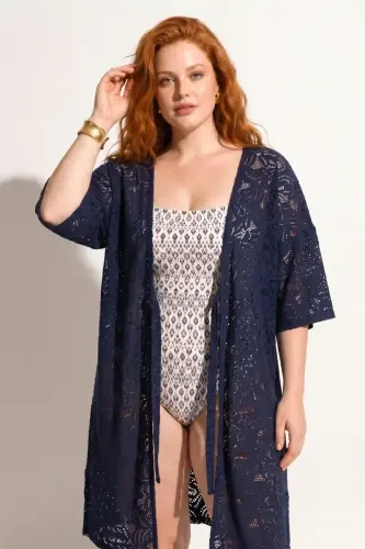 Büyük Beden Dantel Detaylı Ajurlu Kısa Kollu Kimono - 5