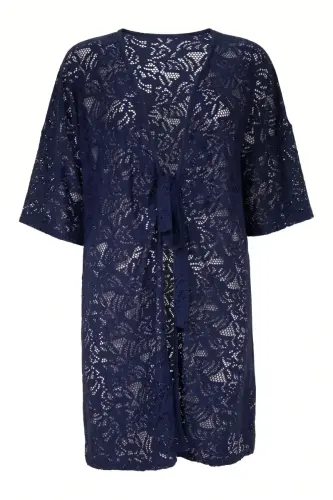 Büyük Beden Dantel Detaylı Ajurlu Kısa Kollu Kimono - 8