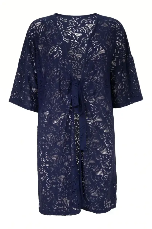 Büyük Beden Dantel Detaylı Ajurlu Kısa Kollu Kimono - 8