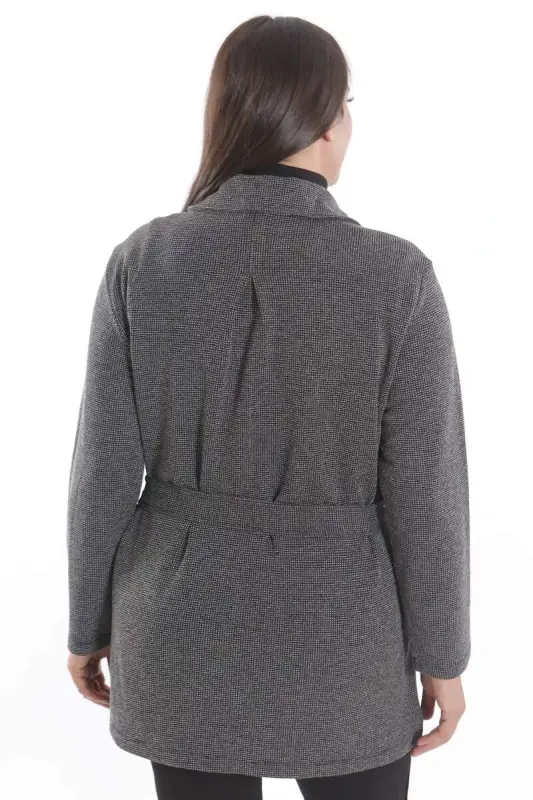 Büyük Beden Deri Cep Detaylı Kemerli Siyah Ceket - 9