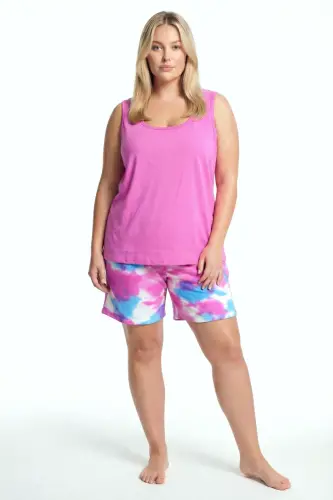 Büyük Beden Desenli Şortlu Atletli Kadın Cepli Pijama Takımı – Fuşya - 1