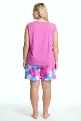 Büyük Beden Desenli Şortlu Atletli Kadın Cepli Pijama Takımı – Fuşya - 3