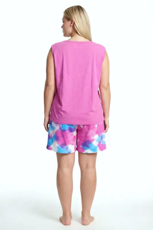 Büyük Beden Desenli Şortlu Atletli Kadın Cepli Pijama Takımı – Fuşya - 3