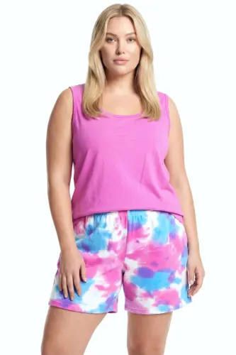 Büyük Beden Desenli Şortlu Atletli Kadın Cepli Pijama Takımı – Fuşya - BÜYÜKBEDENIZ (1)