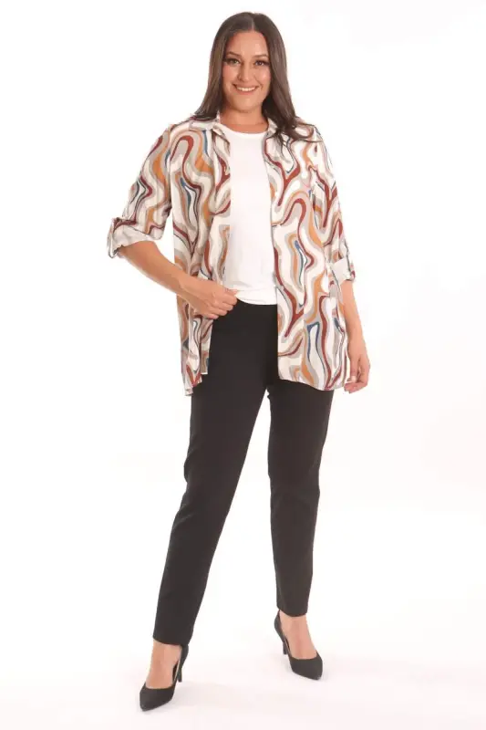 Büyük Beden Desenli Viskon Gömlek Bluz Gri İkili Takım - 5