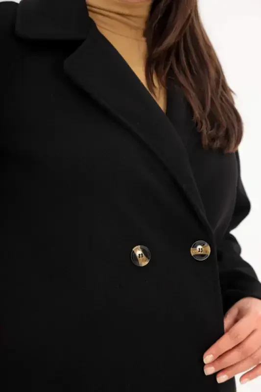 Angelino Büyük Beden Düğmeli Detaylı Kaşe Siyah Kaban - 4