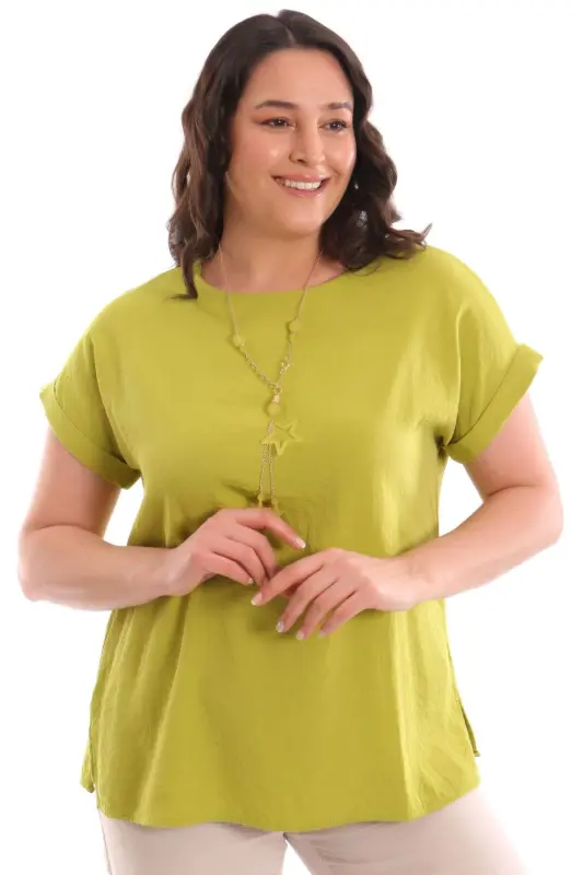 Büyük Beden Düşük kol Basic Fıstık Yeşili Bluz - BÜYÜKBEDENIZ