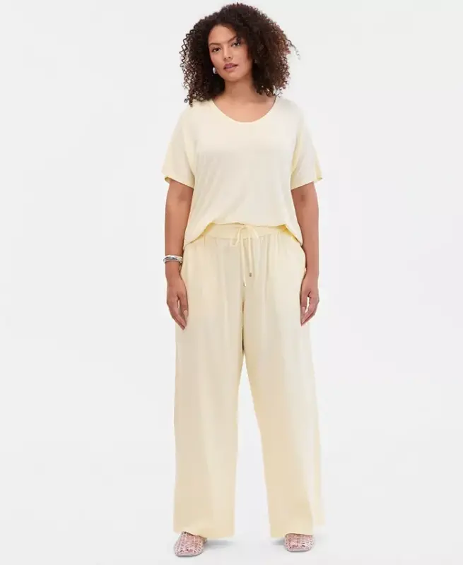 Büyük Beden Düz Renk Büzgülü Geniş Paça Pantolon, Sadece Modazone'da - Sarı Sis - I.N.C. INTERNATIONAL CONCEPTS