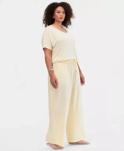 Büyük Beden Düz Renk Büzgülü Geniş Paça Pantolon, Sadece Modazone'da - Sarı Sis - I.N.C. INTERNATIONAL CONCEPTS (1)