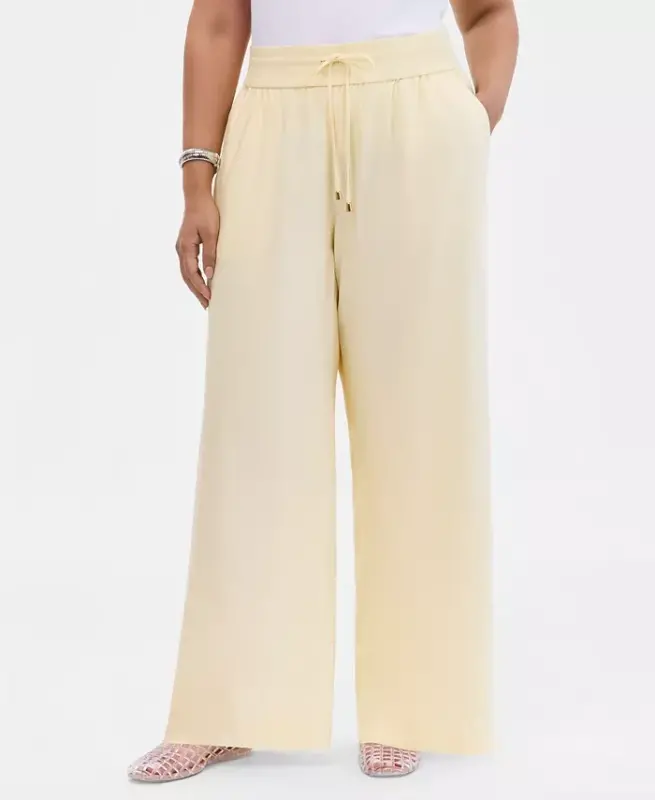 Büyük Beden Düz Renk Büzgülü Geniş Paça Pantolon, Sadece Modazone'da - Sarı Sis - 3