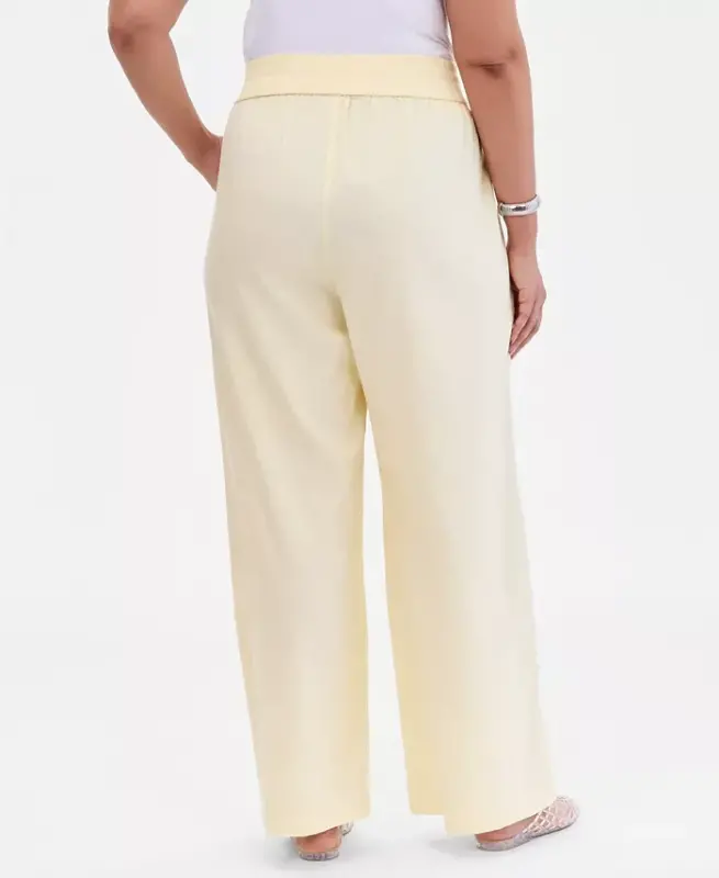 Büyük Beden Düz Renk Büzgülü Geniş Paça Pantolon, Sadece Modazone'da - Sarı Sis - 5