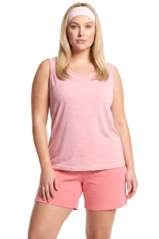 Büyük Beden Düz Şortlu Atletli Kadın Cepli Pijama Takımı – Pudra - 1