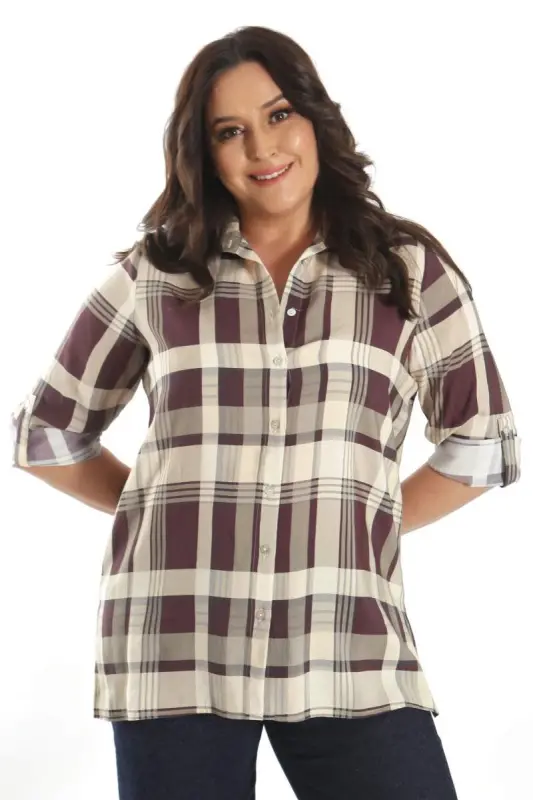Büyük Beden Ekose Desenli Bordo Gömlek - 1