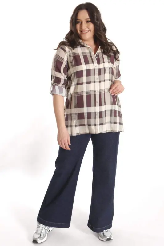 Büyük Beden Ekose Desenli Bordo Gömlek - 4