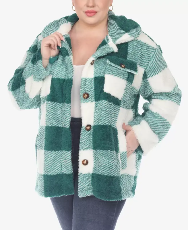 Plus Size Plaid Shacket Jacket - Green, White - 1