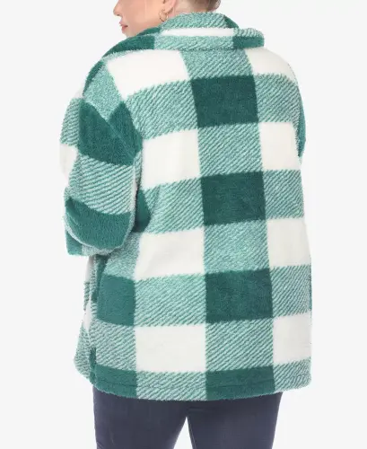 Plus Size Plaid Shacket Jacket - Green, White - 3
