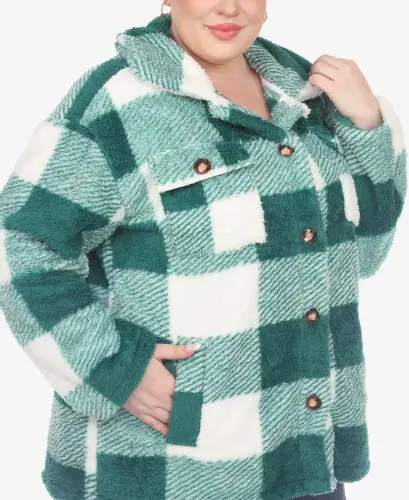 Plus Size Plaid Shacket Jacket - Green, White - 5
