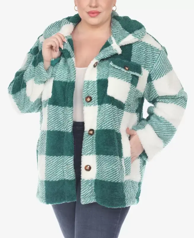 Plus Size Plaid Shacket Jacket - Green, White - WHITE MARK