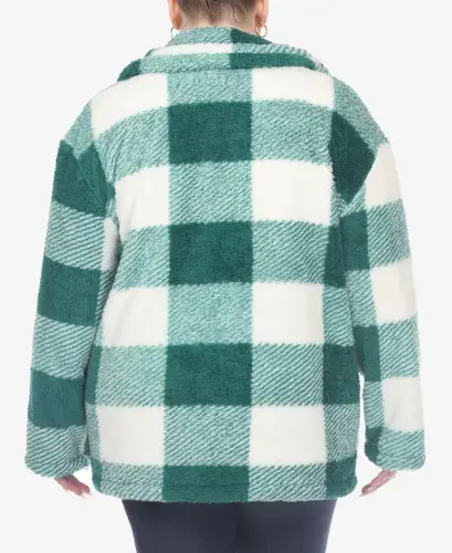 Plus Size Plaid Shacket Jacket - Green, White - WHITE MARK (1)