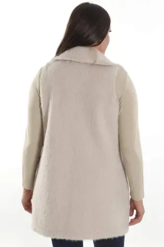 Büyük Beden Fermuar ve Cep Detaylı Bej Kürk Yelek - 6