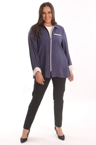 Büyük Beden Fermuarlı Büyük Beden İndigo Trençkot - 4