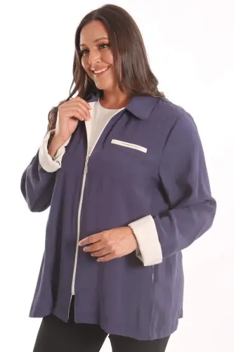 Büyük Beden Fermuarlı Büyük Beden İndigo Trençkot - 1