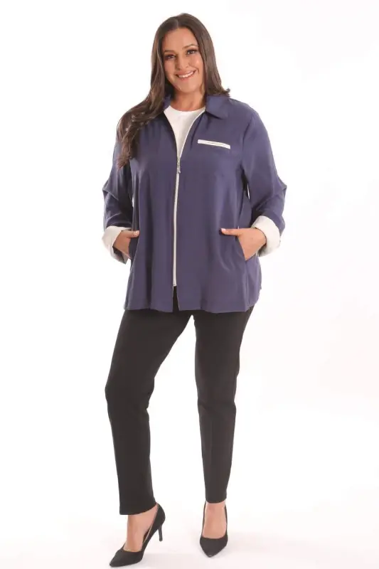 Büyük Beden Fermuarlı Büyük Beden İndigo Trençkot - 2