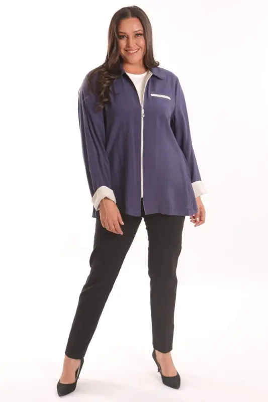 Büyük Beden Fermuarlı Büyük Beden İndigo Trençkot - 4