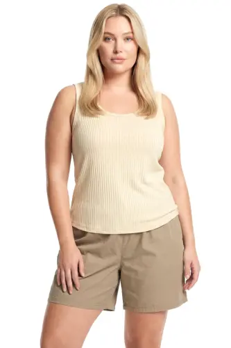 Büyük Beden Fitilli Şortlu Atletli Kadın Pijama Takımı – Bej - 1