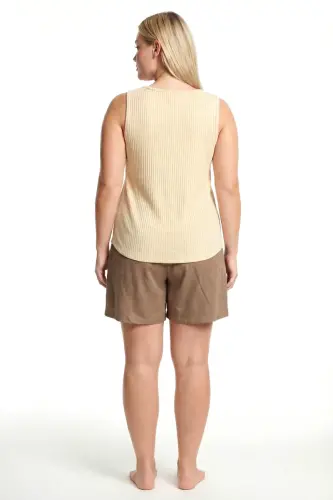 Büyük Beden Fitilli Şortlu Atletli Kadın Pijama Takımı – Bej - 3