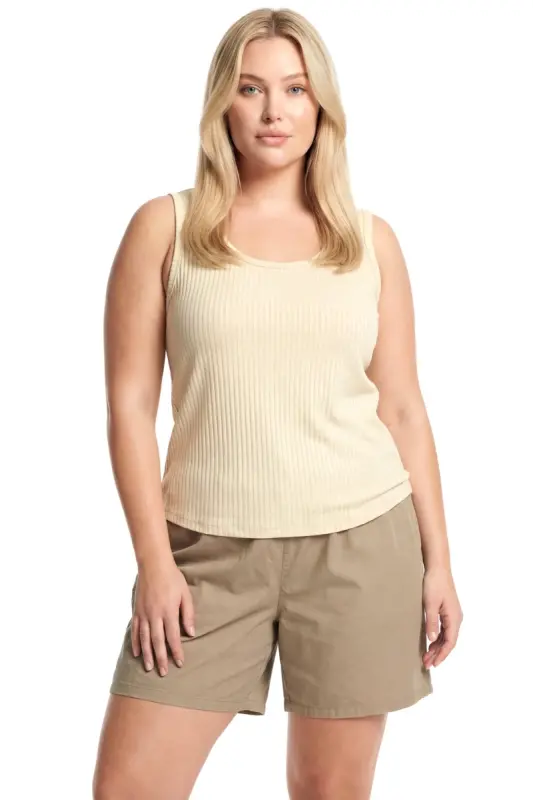 Büyük Beden Fitilli Şortlu Atletli Kadın Pijama Takımı – Bej - 1