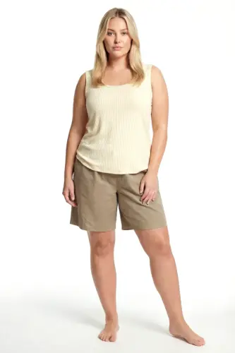 Büyük Beden Fitilli Şortlu Atletli Kadın Pijama Takımı – Bej - BÜYÜKBEDENIZ (1)