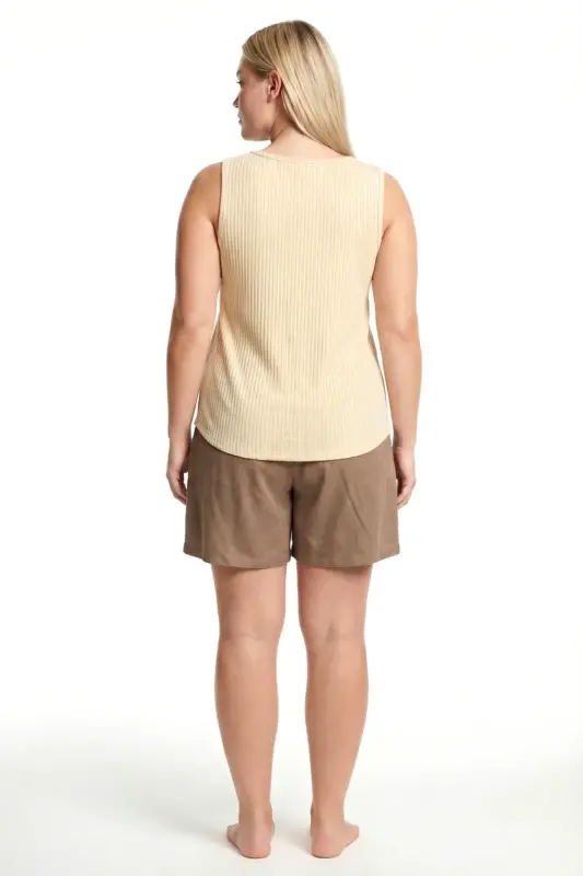 Büyük Beden Fitilli Şortlu Atletli Kadın Pijama Takımı – Bej - 3