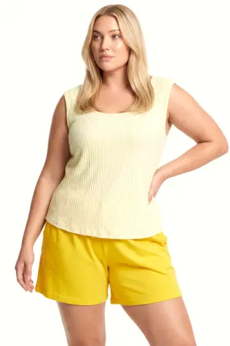 Büyük Beden Fitilli Şortlu Atletli Kadın Pijama Takımı – Sarı - 1