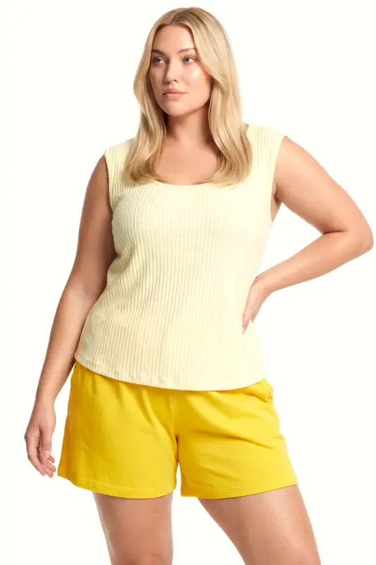 Büyük Beden Fitilli Şortlu Atletli Kadın Pijama Takımı – Sarı - 1