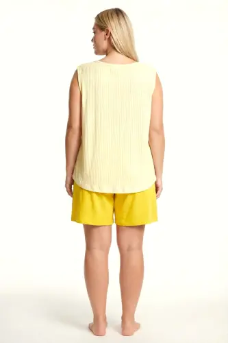 Büyük Beden Fitilli Şortlu Atletli Kadın Pijama Takımı – Sarı - 3