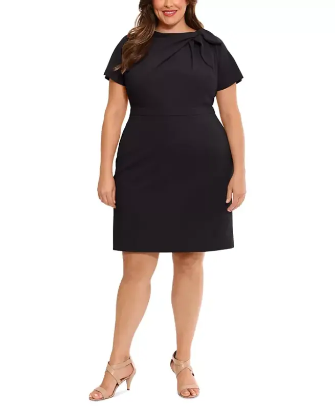 Plus Size Bow-Neck Sheath Dress - Black - 1